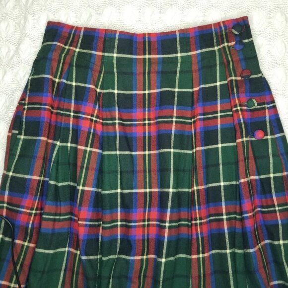 Vintage Talbots Tartan midi skirt red green sz 10 plaid pleated buttons on side - Picture 4 of 11